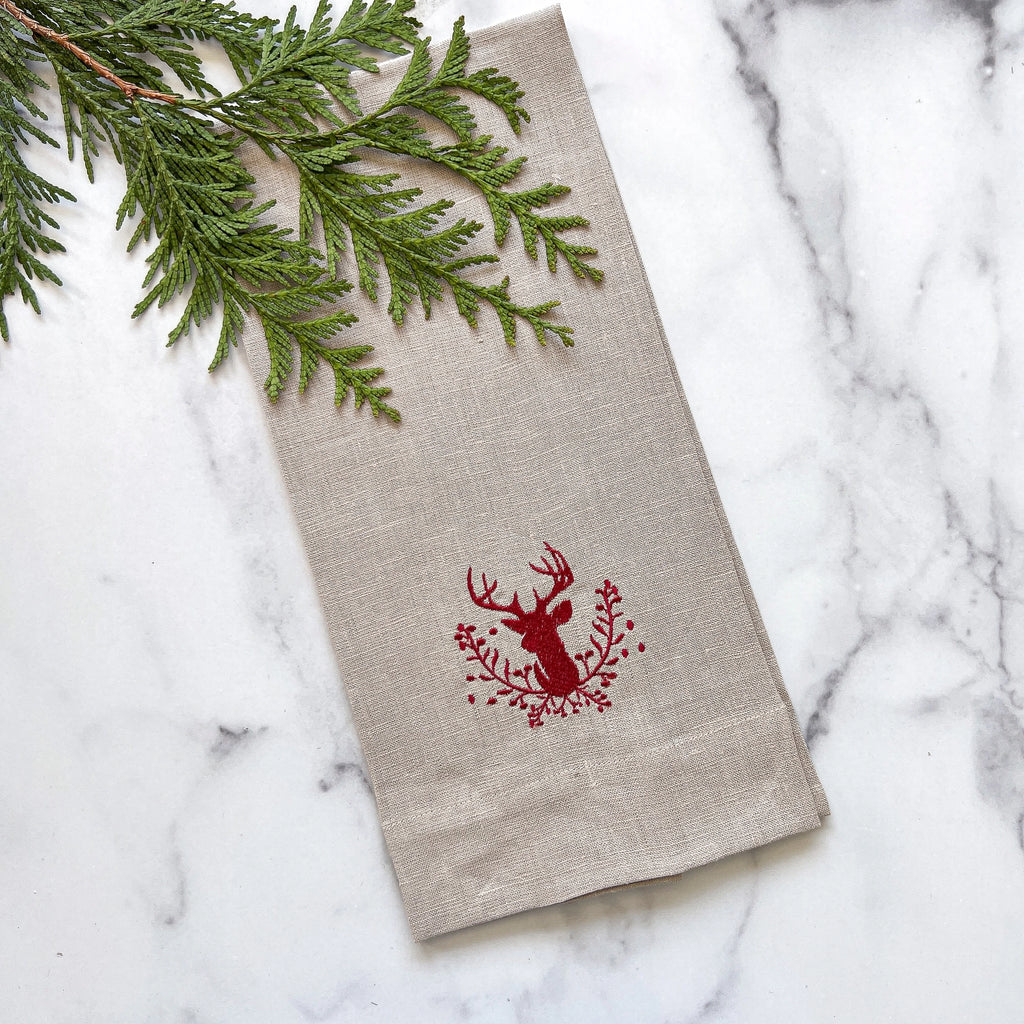 Crown Linens Embroidered Stag with Holly Berry Linen Guest Tea Towel