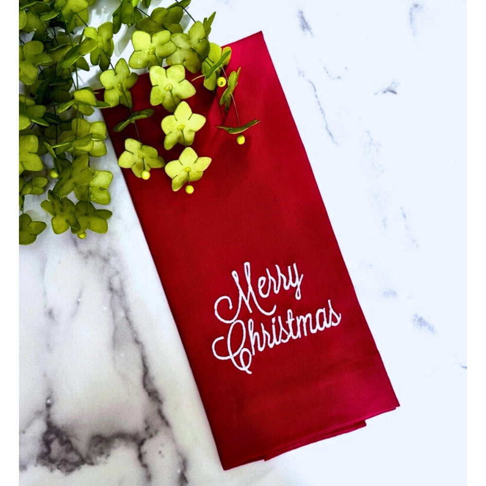 Arte Italica Merry Christmas Red Linen Towel with White Embroidery