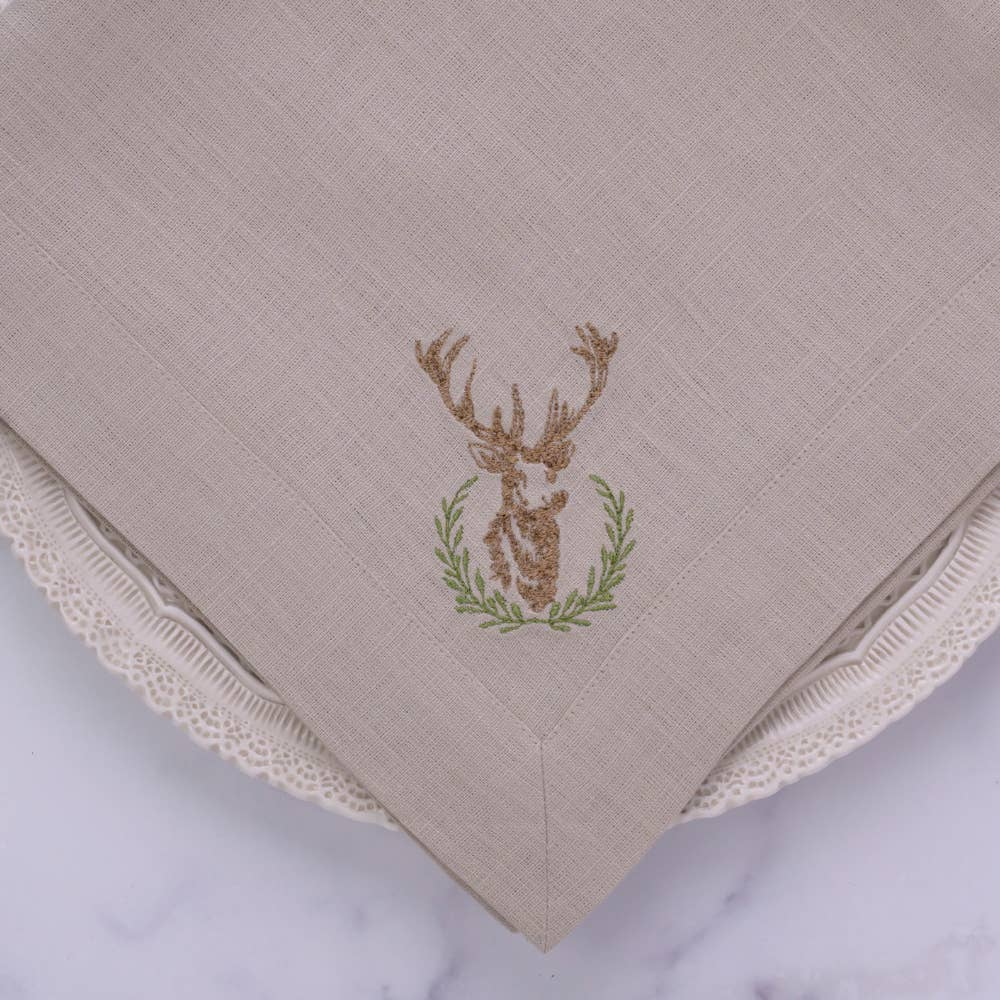 Crown Linens Embroidered Laurel Wreath Stag Large Linen Napkin