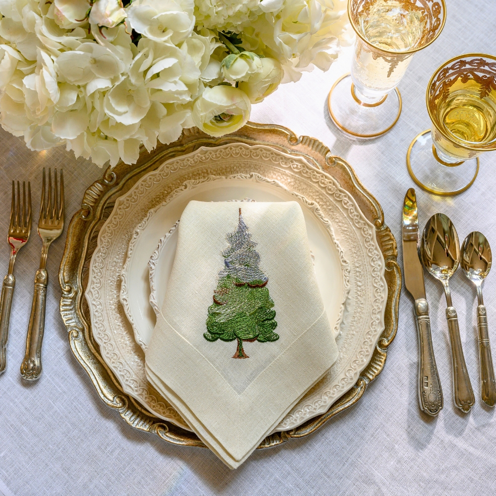 Crown Linens Snowy Pine Linen Embroidered Napkin
