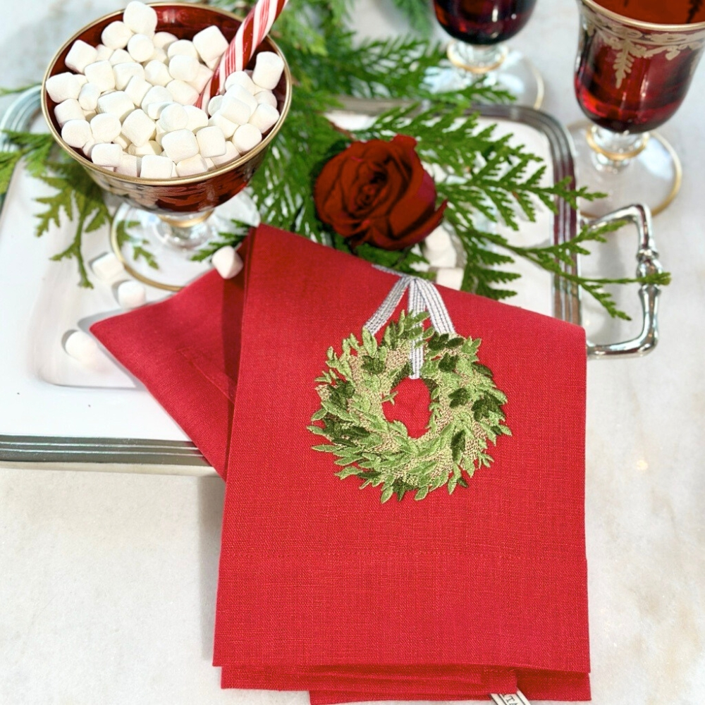 Crown Linens Boxwood Wreath Flax Linen Embroidered Guest Tea Towel