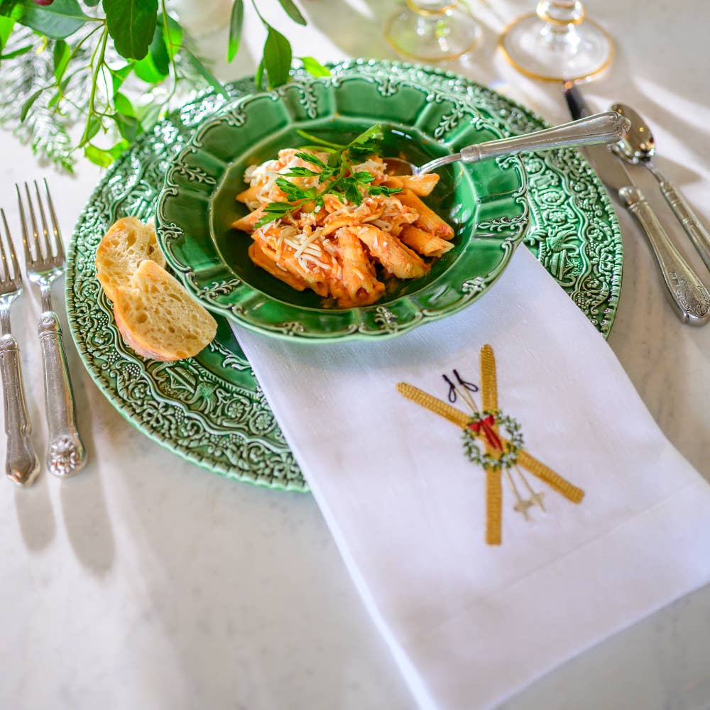 Arte Italica Embroidered Vintage Skis Tri-Fold Linen Napkin