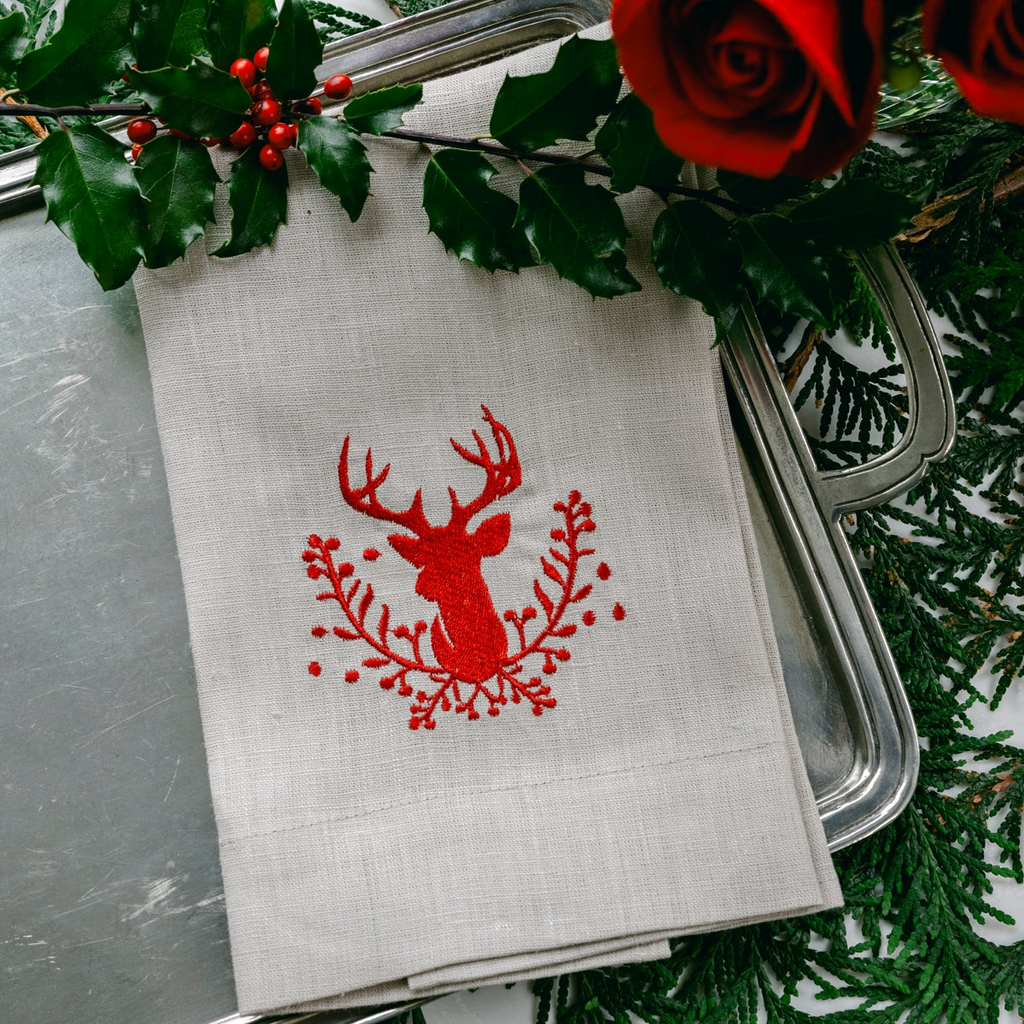 Crown Linens Embroidered Stag with Holly Berry Linen Guest Tea Towel