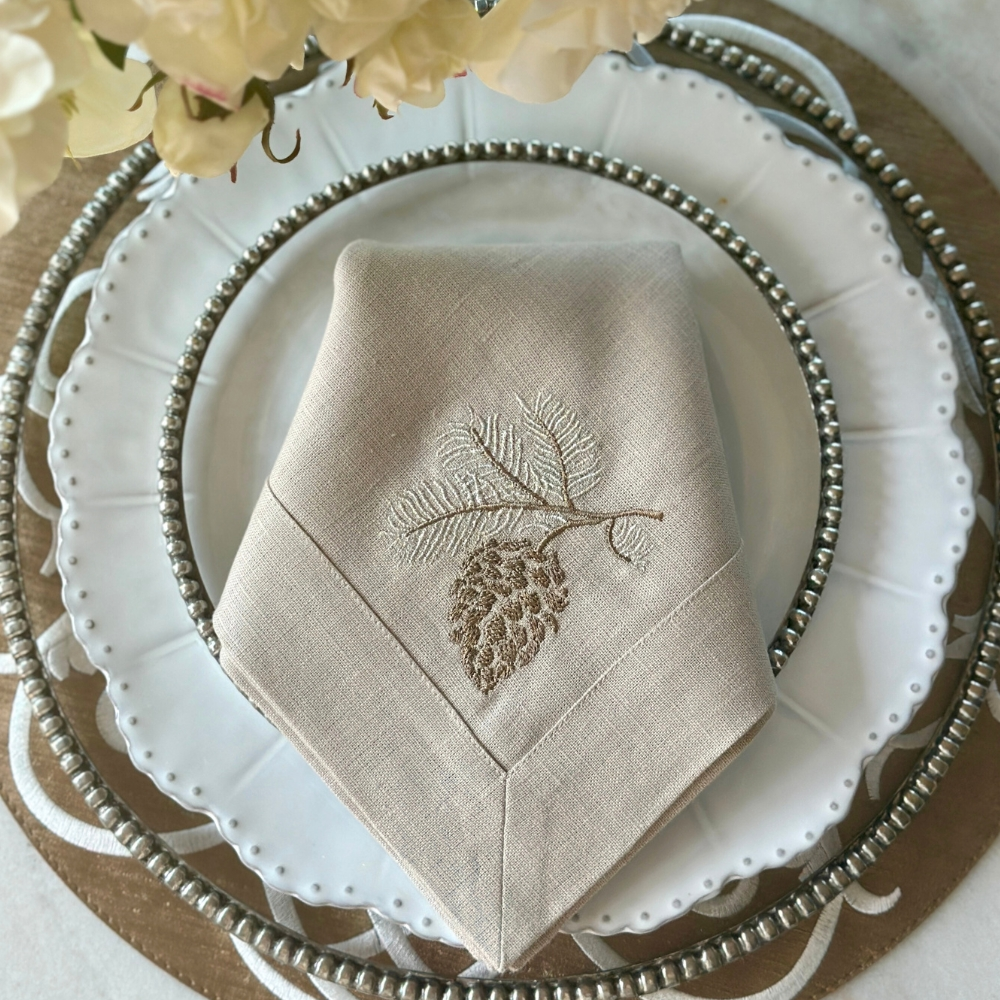 Arte Italica Crown Linens Pinecone Embroidered Flax Linen Napkin