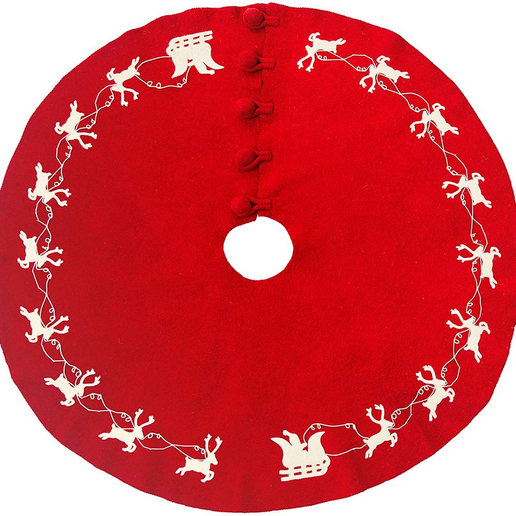 Arcadia Home Reindeer on Felted Wool Tree Skirt, Santa's Sleigh, Cream on Red