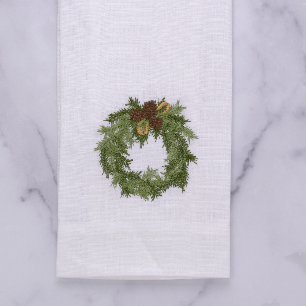 Crown Linens Embroidered Juniper Wreath Linen Towel