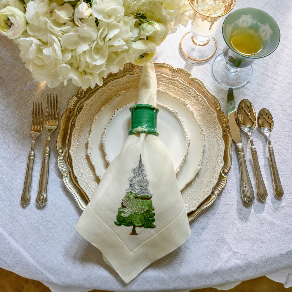 Crown Linens Snowy Pine Linen Embroidered Napkin
