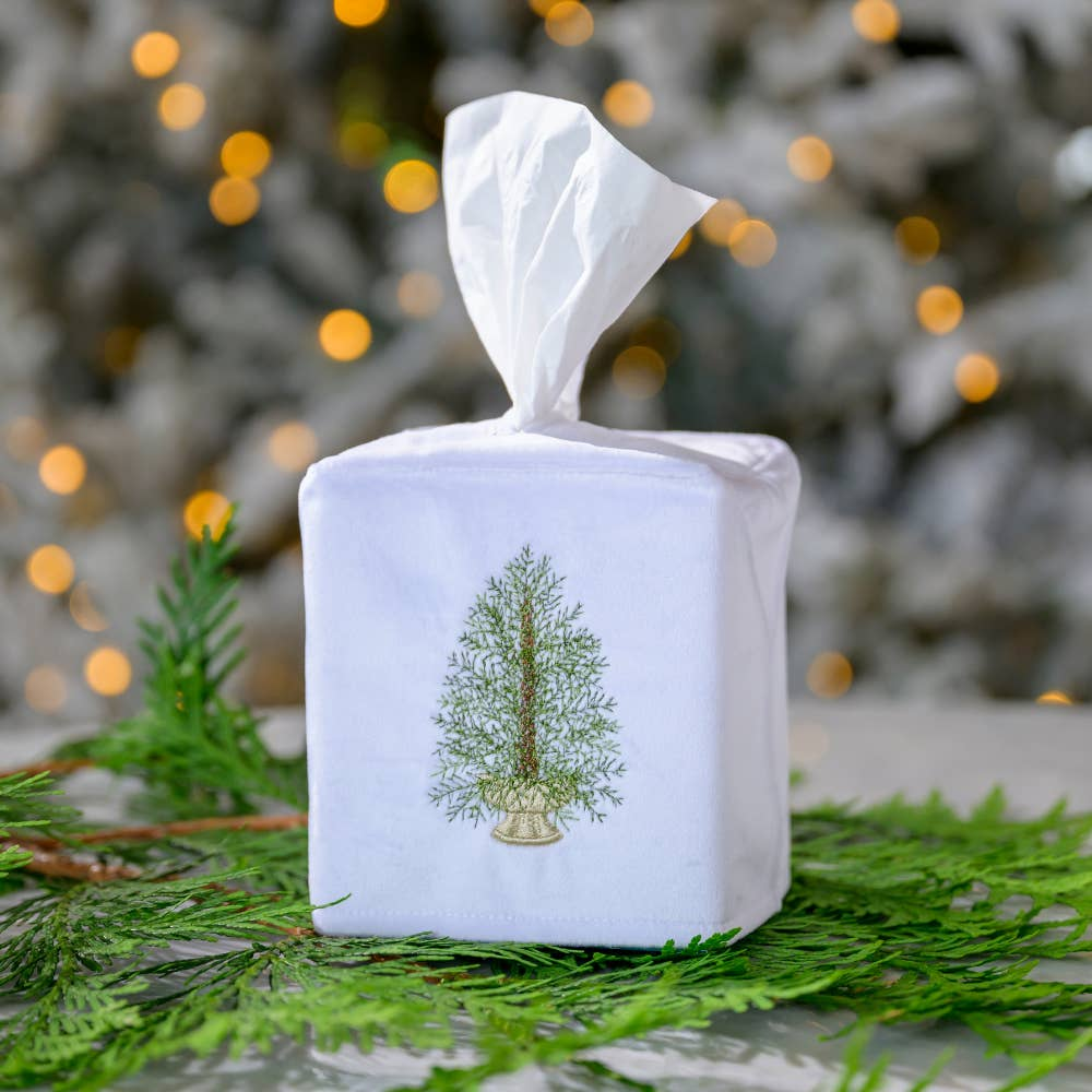 Crown Linens Embroidered Pine Tree Tissue Box Cover white velvet with green embroidered tree