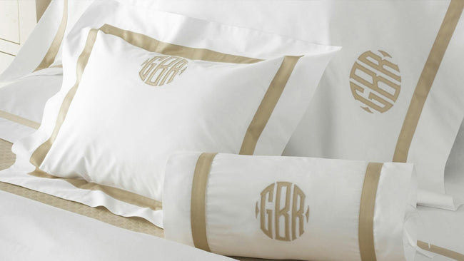Make your Matouk bed personalized with beautiful, thoughtful machine embroidery and appliqué monogram from The Picket Fence