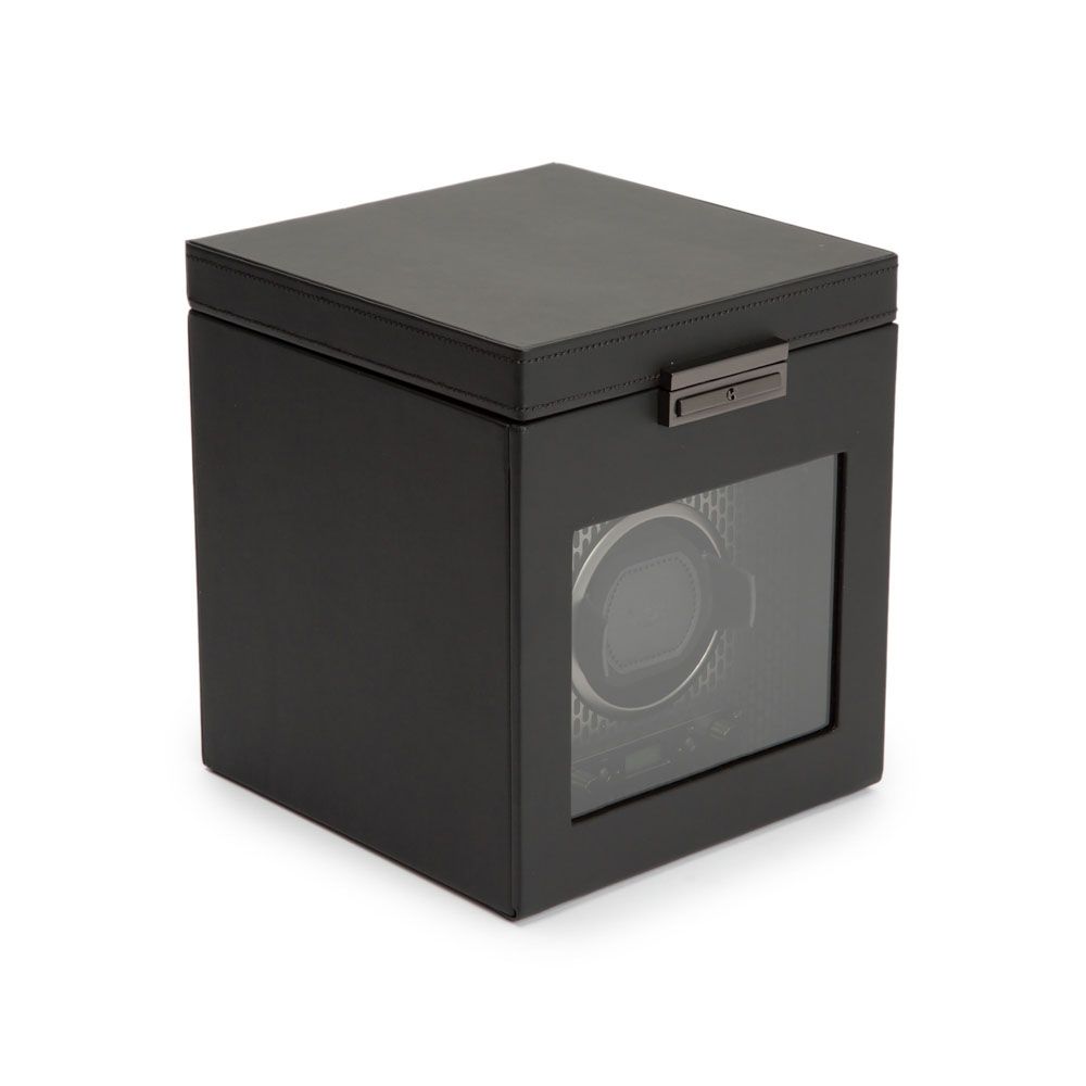 Wolf 1834 Axis Single Watch Winder With Storage in Black Vegan Leather