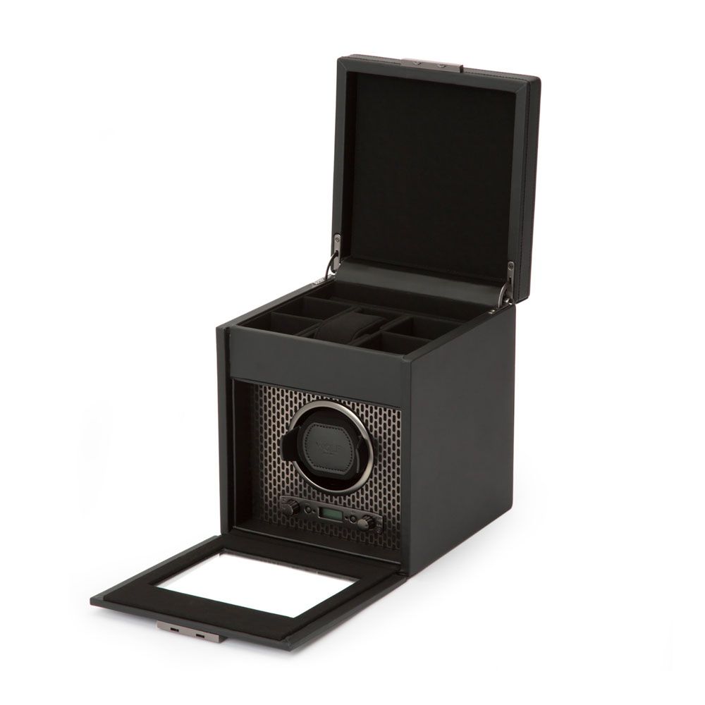 Wolf 1834 Axis Single Watch Winder With Storage in Black Vegan Leather