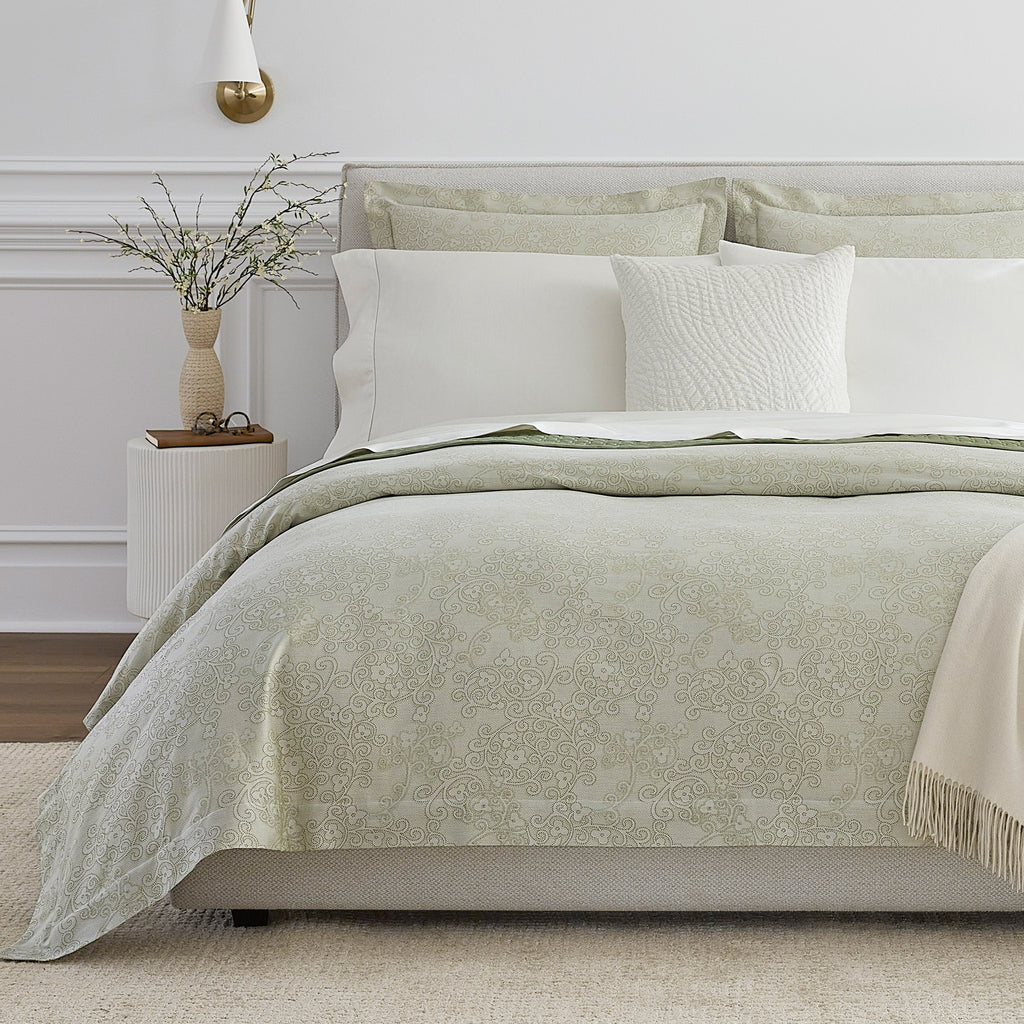 Sferra Fine Linens Rialto Duvet Cover + Shams Willow Green floral scroll sateen jacquard bedding