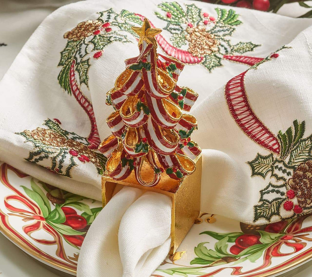 Kim Seybert Holiday Tree Napkin Ring in Red, Green and Gold, Set of 4