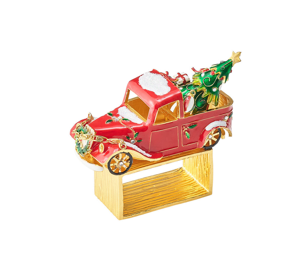 Kim Seybert Christmas Truck Napkin Ring in Red, Green and Gold, Set of 4