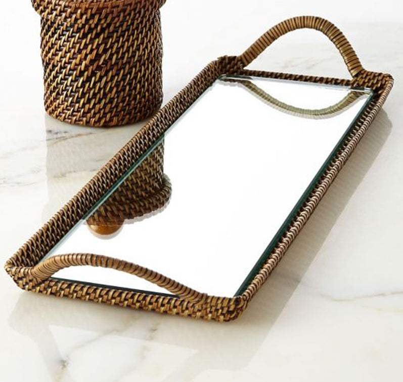 Woven Mirrored Vanity Tray With Handles